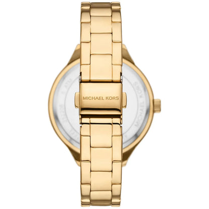 Case back view of Michael Kors MK4659 Slim Runway Aspyn gold watch with Michael Kors branding
