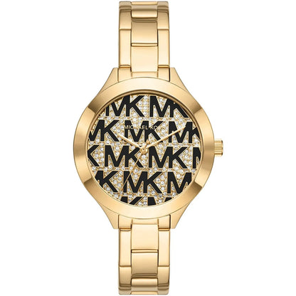 Michael Kors MK4659 Slim Runway Aspyn women's watch with gold case, black MK monogram dial, and gold bracelet
