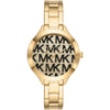 Michael Kors MK4659 Slim Runway Aspyn women's watch with gold case, black MK monogram dial, and gold bracelet