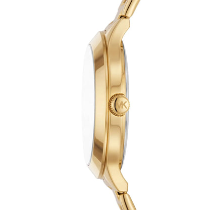 Side profile of Michael Kors MK4659 Slim Runway Aspyn gold watch with MK crown detail visible