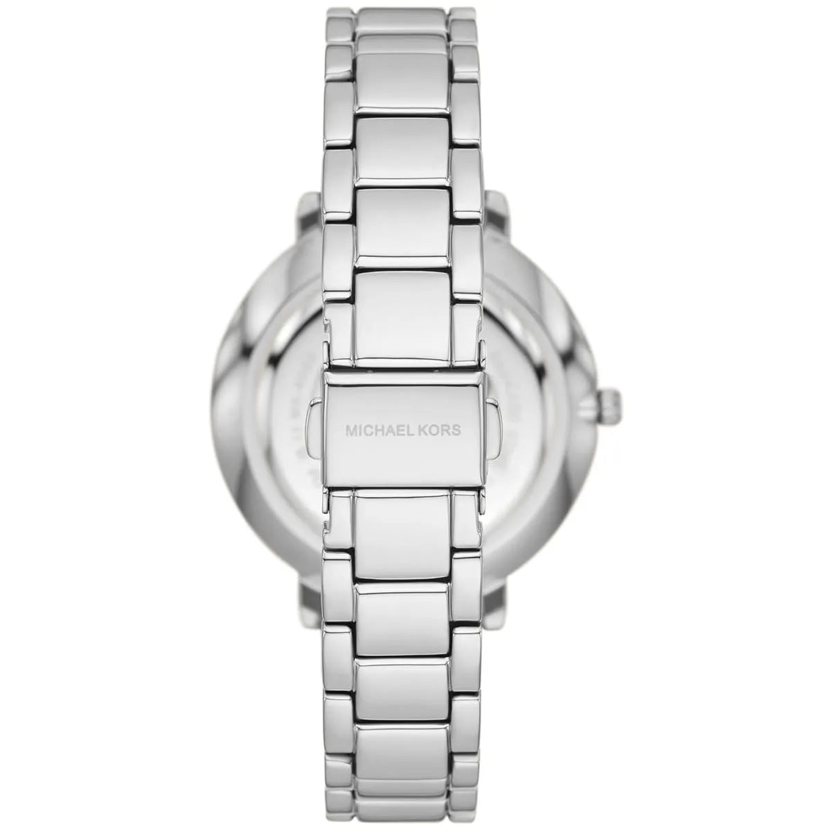 Michael Kors Pyper watch caseback view showing silver stainless steel bracelet