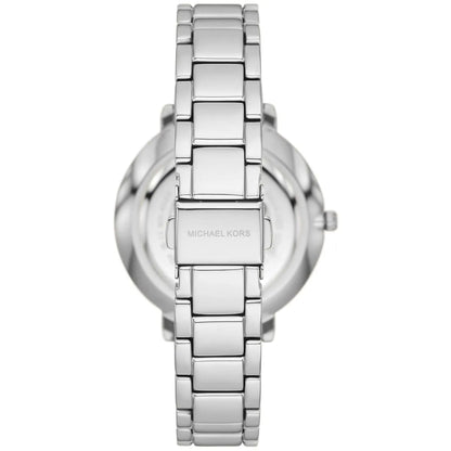 Michael Kors Pyper watch caseback view showing silver stainless steel bracelet
