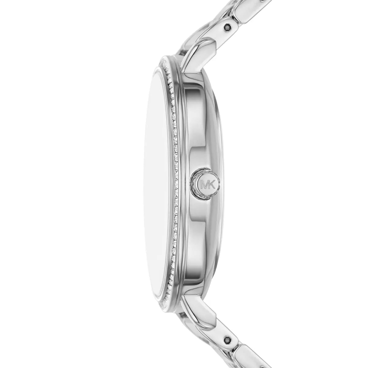 Michael Kors Pyper watch side view showing case profile and MK logo on band