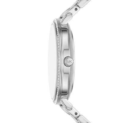 Michael Kors Pyper watch side view showing case profile and MK logo on band