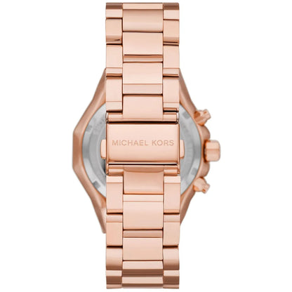 Back view of Michael Kors Raquel watch showing rose gold stainless steel caseback and engraved logo