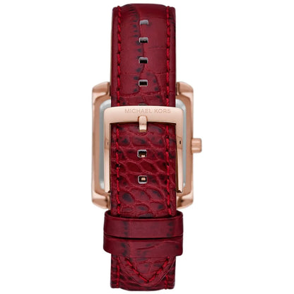 Caseback view of Emery watch showing rose gold case and Michael Kors branding