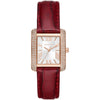 Michael Kors Emery women's watch with white dial, rose gold case with crystal bezel, and red leather strap
