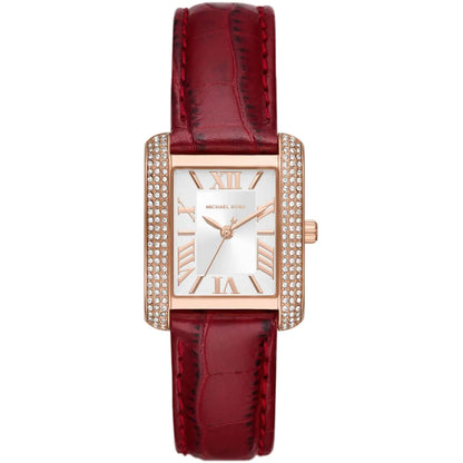 Michael Kors Emery women's watch with white dial, rose gold case with crystal bezel, and red leather strap