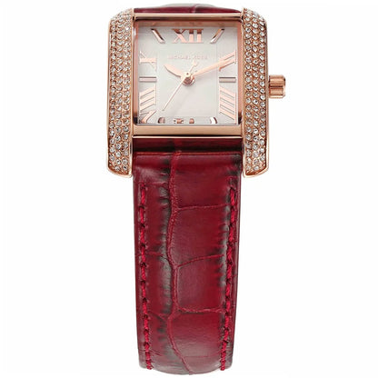 Close-up of Emery watch dial featuring white face with Roman numerals and rose gold hands