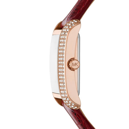 Side profile of Michael Kors Emery watch showing rose gold case thickness and red leather strap