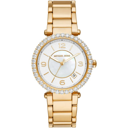 Michael Kors Parker Lux rose gold-tone women's watch with white dial and crystal-set bezel
