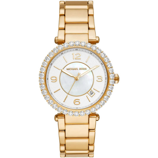 Michael Kors Parker Lux rose gold-tone women's watch with white dial and crystal-set bezel