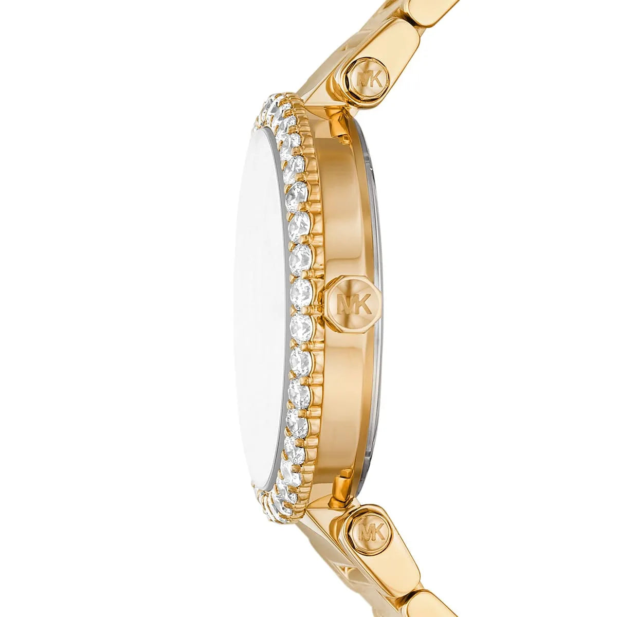 Michael Kors Parker Lux watch side profile showing crystal-set bezel and rose gold case thickness