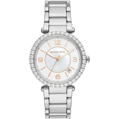 Michael Kors Parker Lux silver-tone women's watch with white dial and crystal bezel