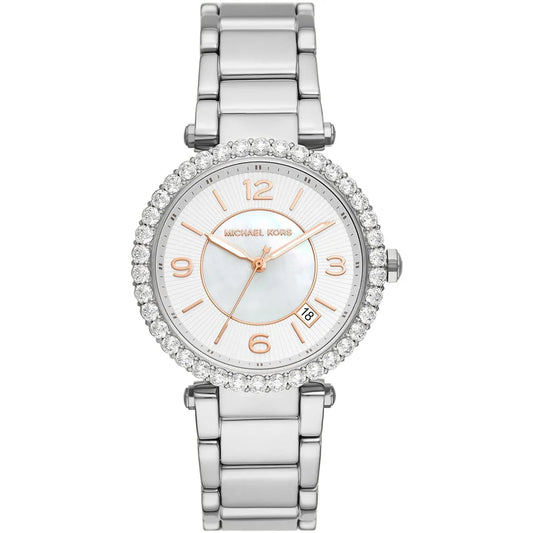 Michael Kors Parker Lux silver-tone women's watch with white dial and crystal bezel