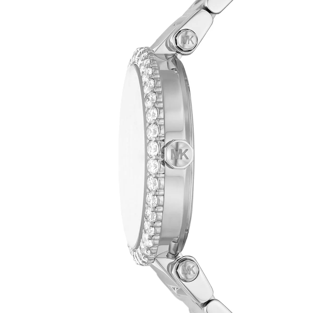 Michael Kors Parker Lux side view showing crystal-set bezel and silver metal strap