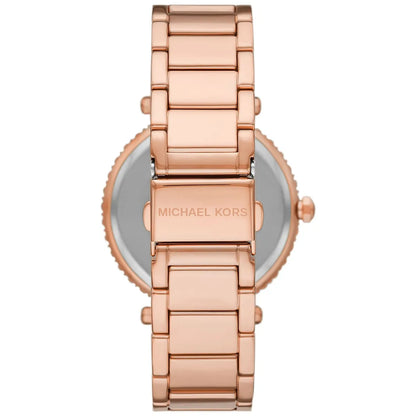 Michael Kors Parker watch caseback showing stainless steel case and crown details