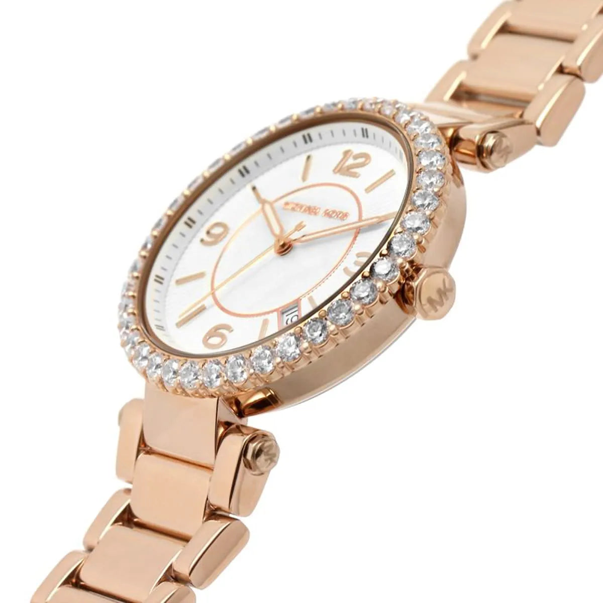 Michael Kors Parker watch detail view of dial, strap, and crystal-set bezel from side