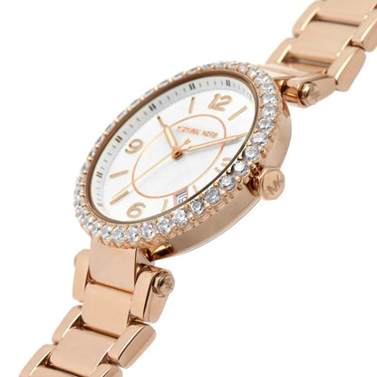 Michael Kors Parker watch detail view of dial, strap, and crystal-set bezel from side