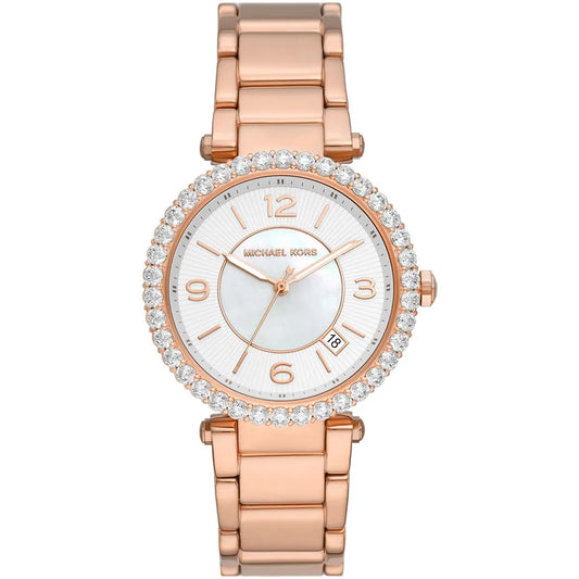 Michael Kors Parker women's watch with white MOP dial, rose gold bracelet, and crystal bezel