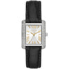 Michael Kors Emery silver-tone women's watch with pavé crystal case, white dial, and black leather strap