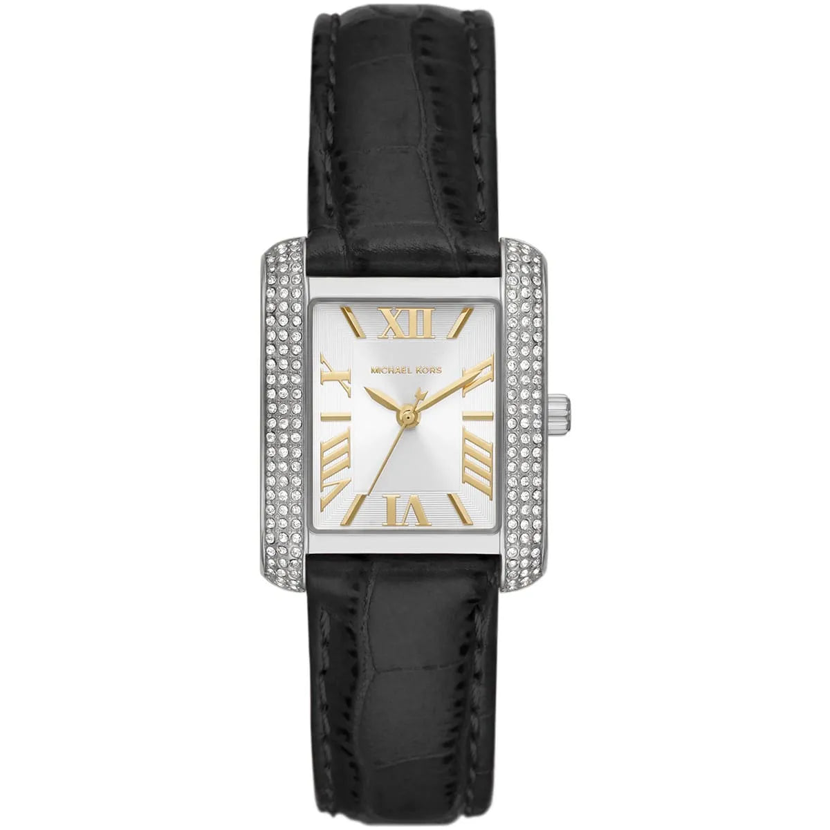 Michael Kors Emery silver-tone women's watch with pavé crystal case, white dial, and black leather strap