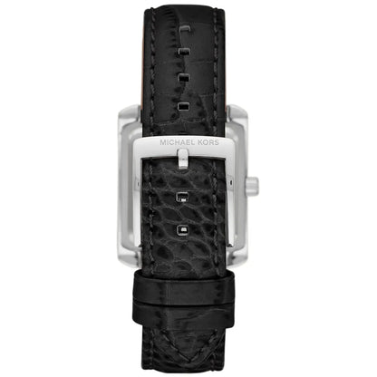 Black crocodile-textured leather strap with silver-tone buckle clasp and Michael Kors branding