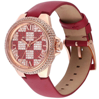 Michael Kors Camille watch shown at angle with red leather strap and rose gold case