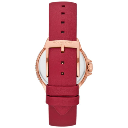 Red genuine leather strap of Michael Kors Camille watch with rose gold buckle