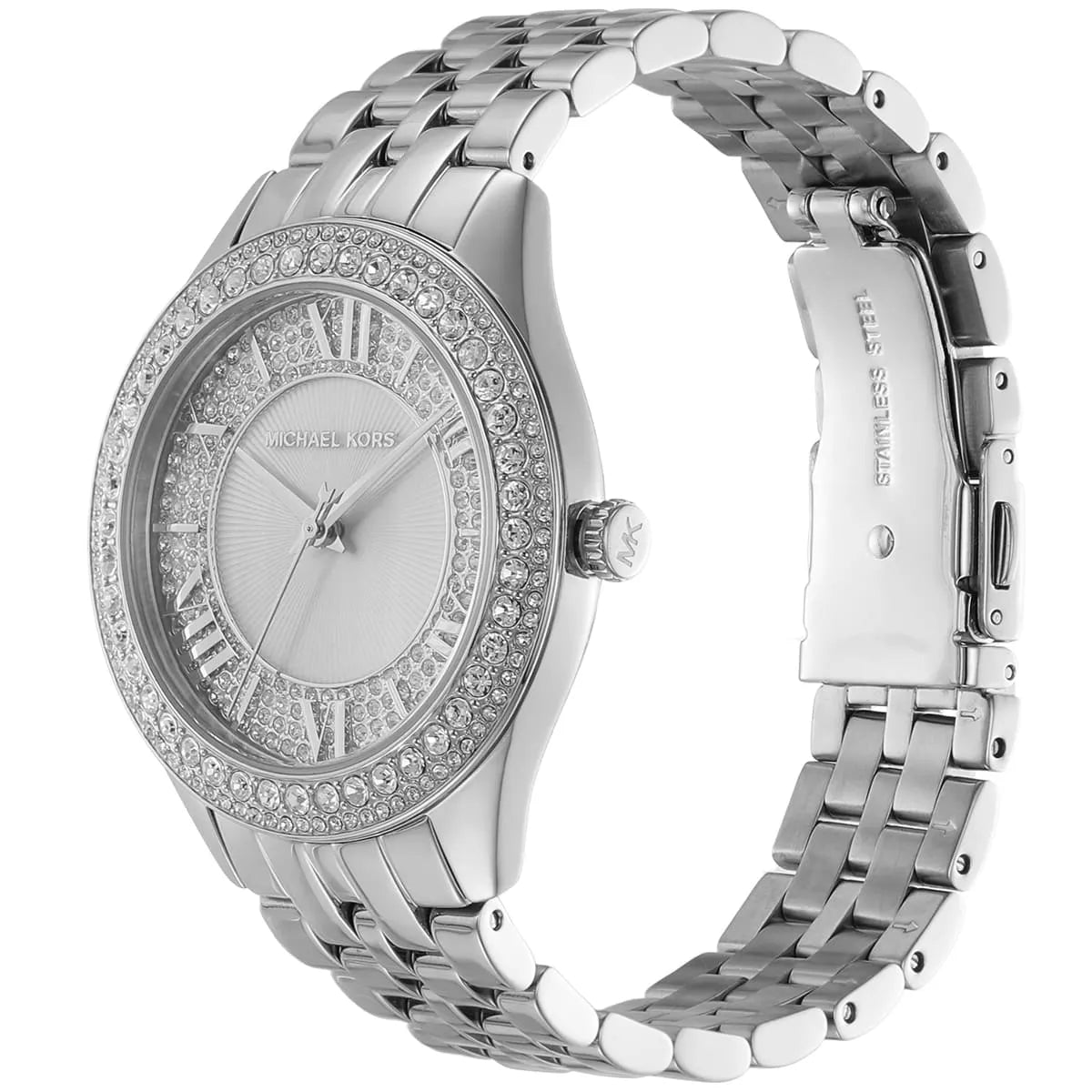 Michael Kors Harlowe watch side view showing crystal-set bezel and metal bracelet