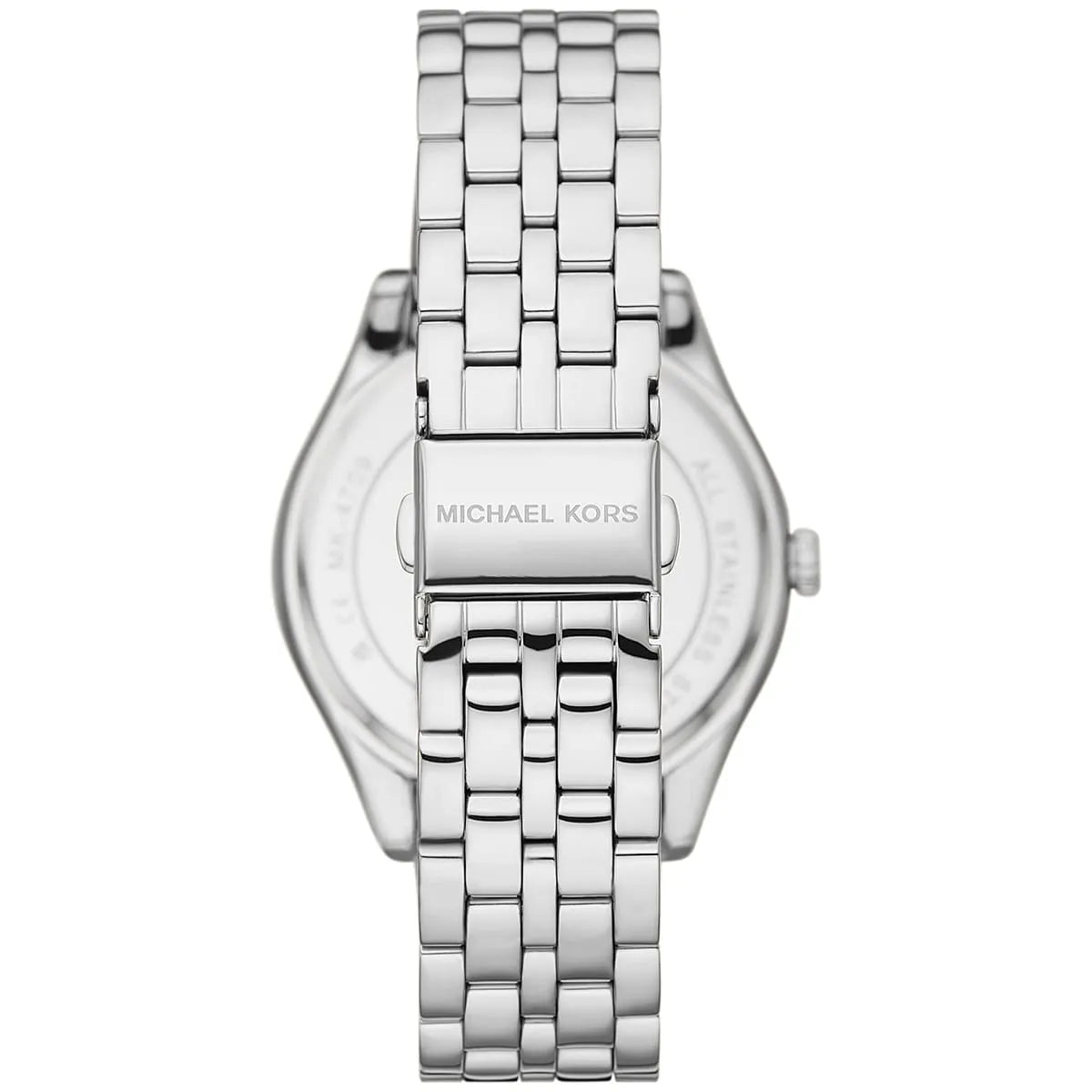 Michael Kors Harlowe watch caseback with transparent crystal revealing movement