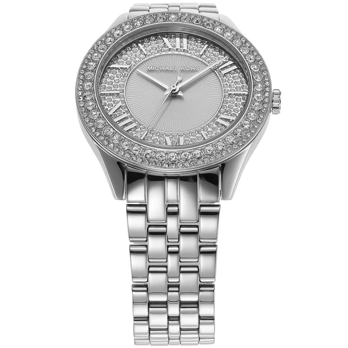 Close-up of Harlowe dial featuring Roman numeral markers and pavé crystal surround