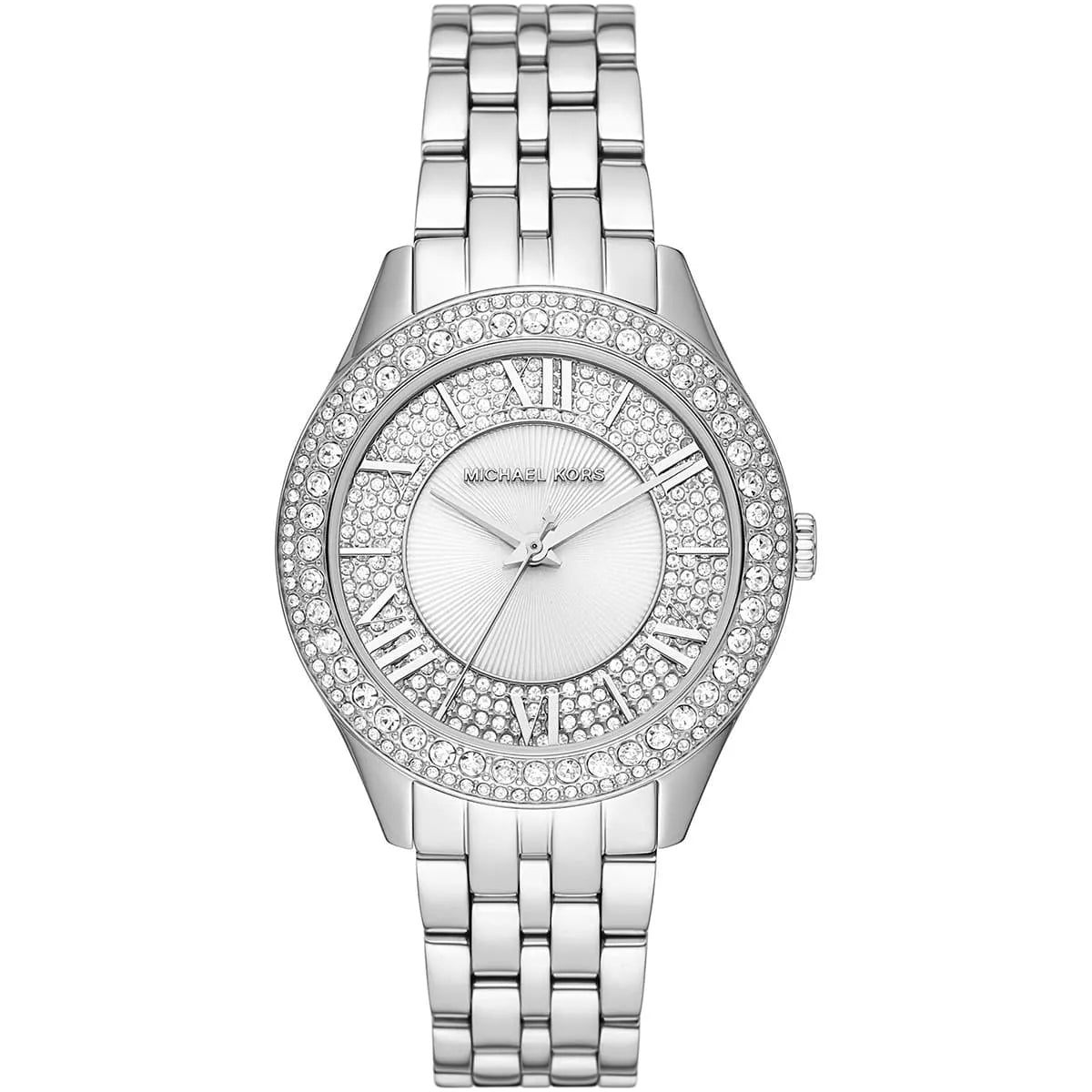Michael Kors Harlowe silver women's watch with pavé crystal bezel and stainless steel bracelet