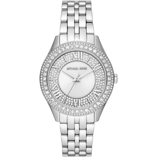 Michael Kors Harlowe silver women's watch with pavé crystal bezel and stainless steel bracelet