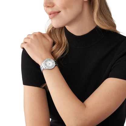 Michael Kors Harlowe watch worn on wrist with pavé crystal bezel catching light