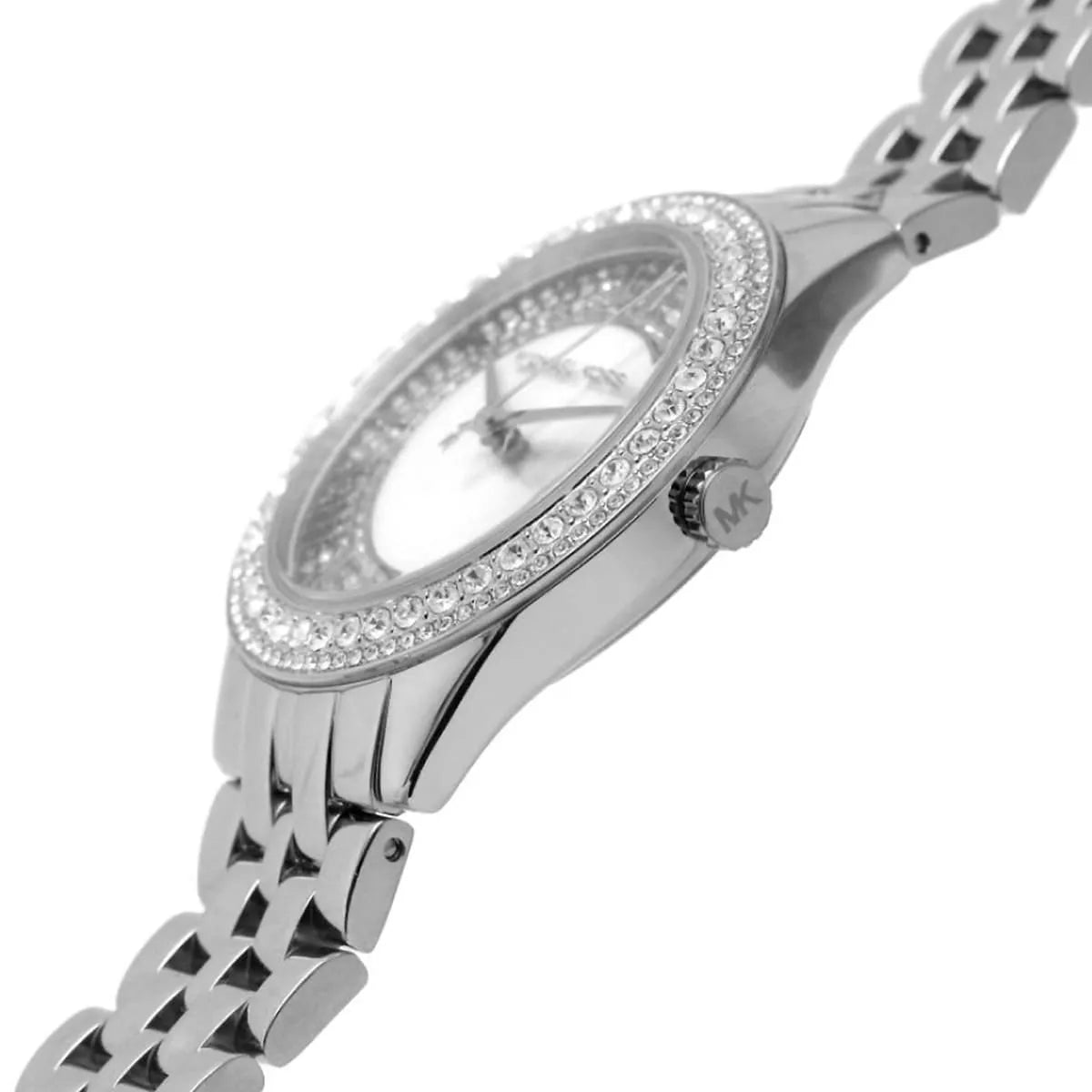 Michael Kors Harlowe watch at angle showing case depth and crystal bezel setting