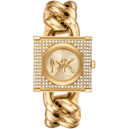 Michael Kors Chain Lock watch with square crystal-studded case, gold dial, and chain link strap