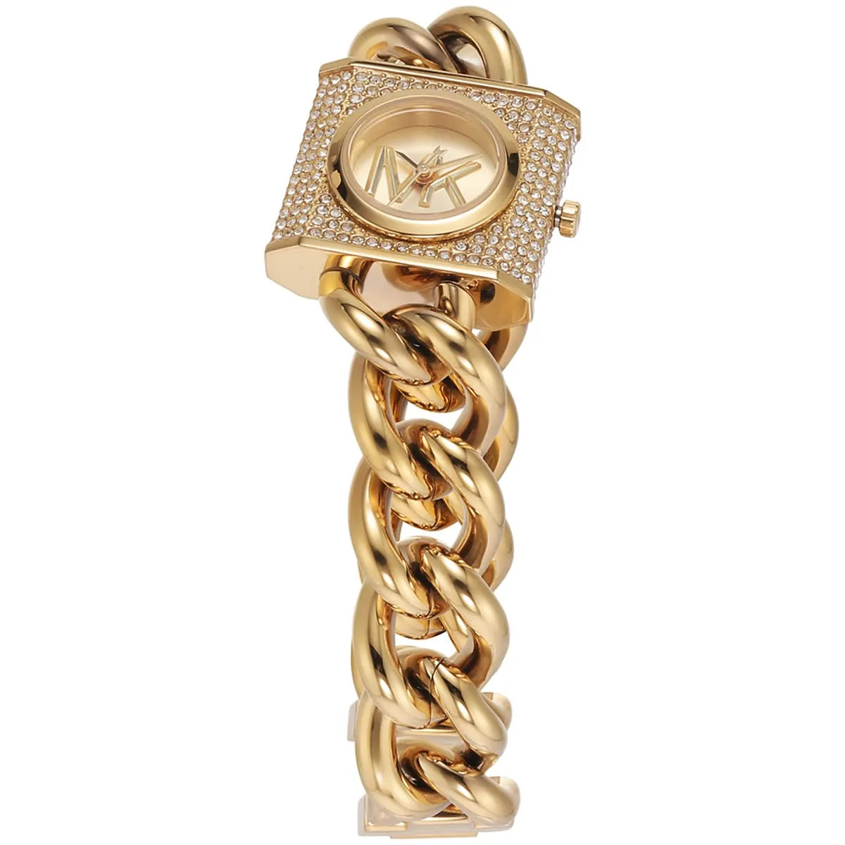Full length side view of Michael Kors Chain Lock watch with twisted chain strap