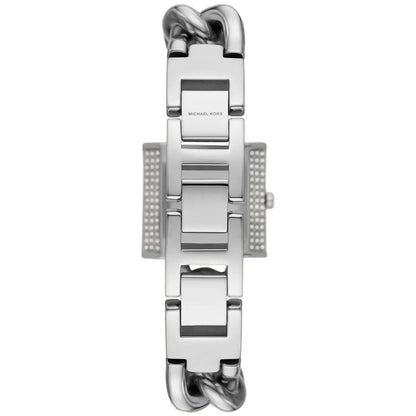 Michael Kors Mini Lock watch back view displaying stainless steel case back and chain links