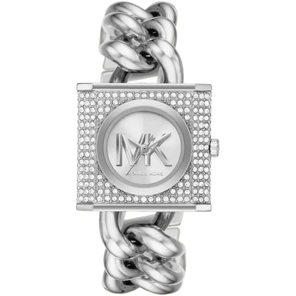 Michael Kors Mini Lock silver-tone watch with crystal pavé square case and chain link strap