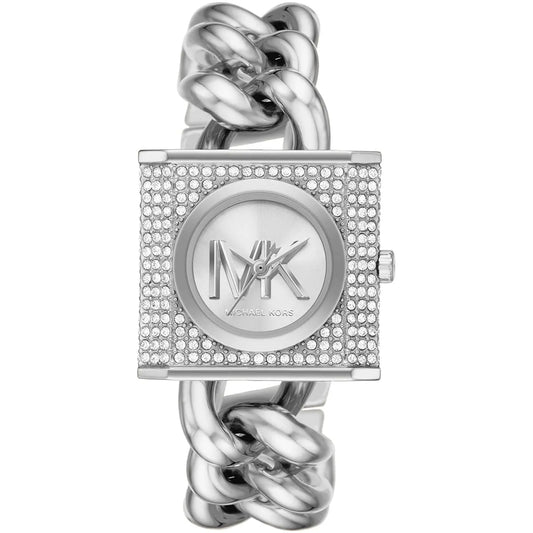 Michael Kors Mini Lock silver-tone watch with crystal pavé square case and chain link strap