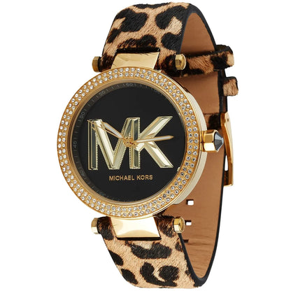 Michael Kors Parker watch angle view showing gold case and leopard print leather strap detail
