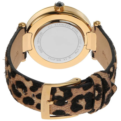 Michael Kors Parker watch top view showing round black dial and gold case with pavé crystals