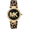 Michael Kors Parker watch with gold pavé bezel, black dial with MK logo, and leopard print leather strap
