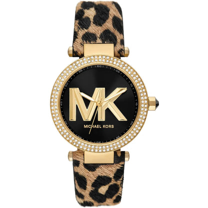 Michael Kors Parker watch with gold pavé bezel, black dial with MK logo, and leopard print leather strap