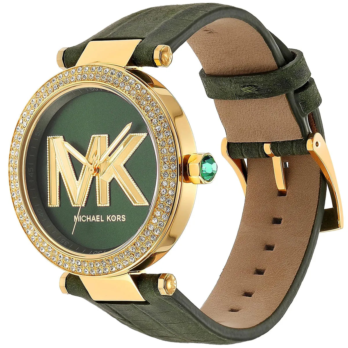 Michael Kors Parker watch at angle showing green leather strap, gold case, and green dial with MK logo