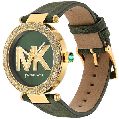 Michael Kors Parker watch at angle showing green leather strap, gold case, and green dial with MK logo