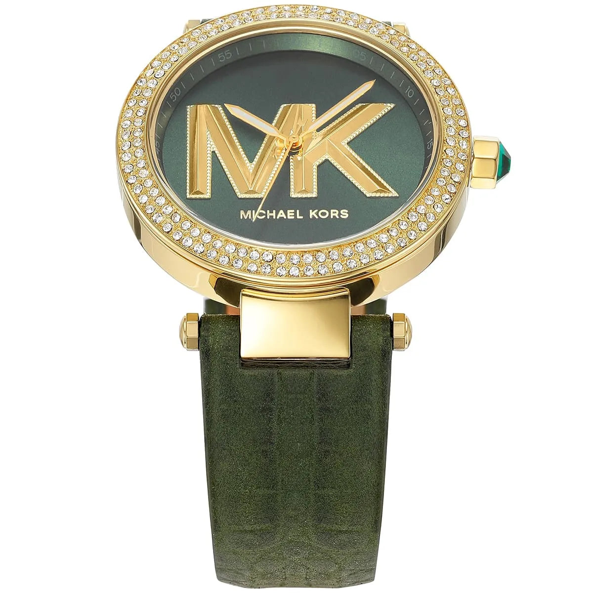 Close-up of Michael Kors Parker dial showing gold MK logo, Michael Kors text, and crystal-set bezel