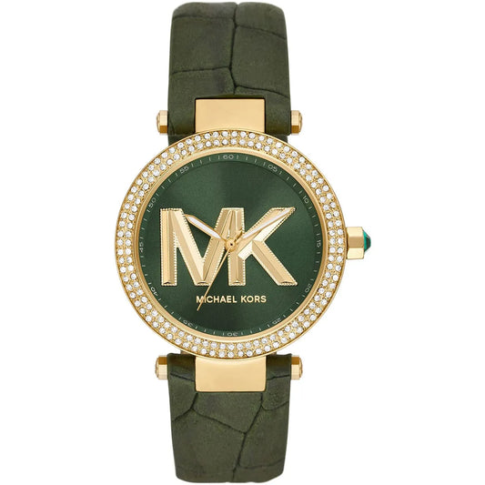 Michael Kors Parker women's watch with green dial, gold MK logo, crystal bezel, gold case, and green leather strap