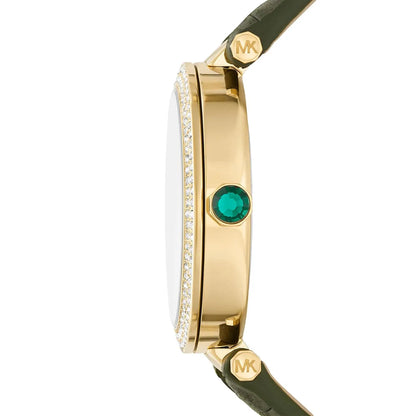 Side view of Michael Kors Parker watch showing gold case profile and green leather strap